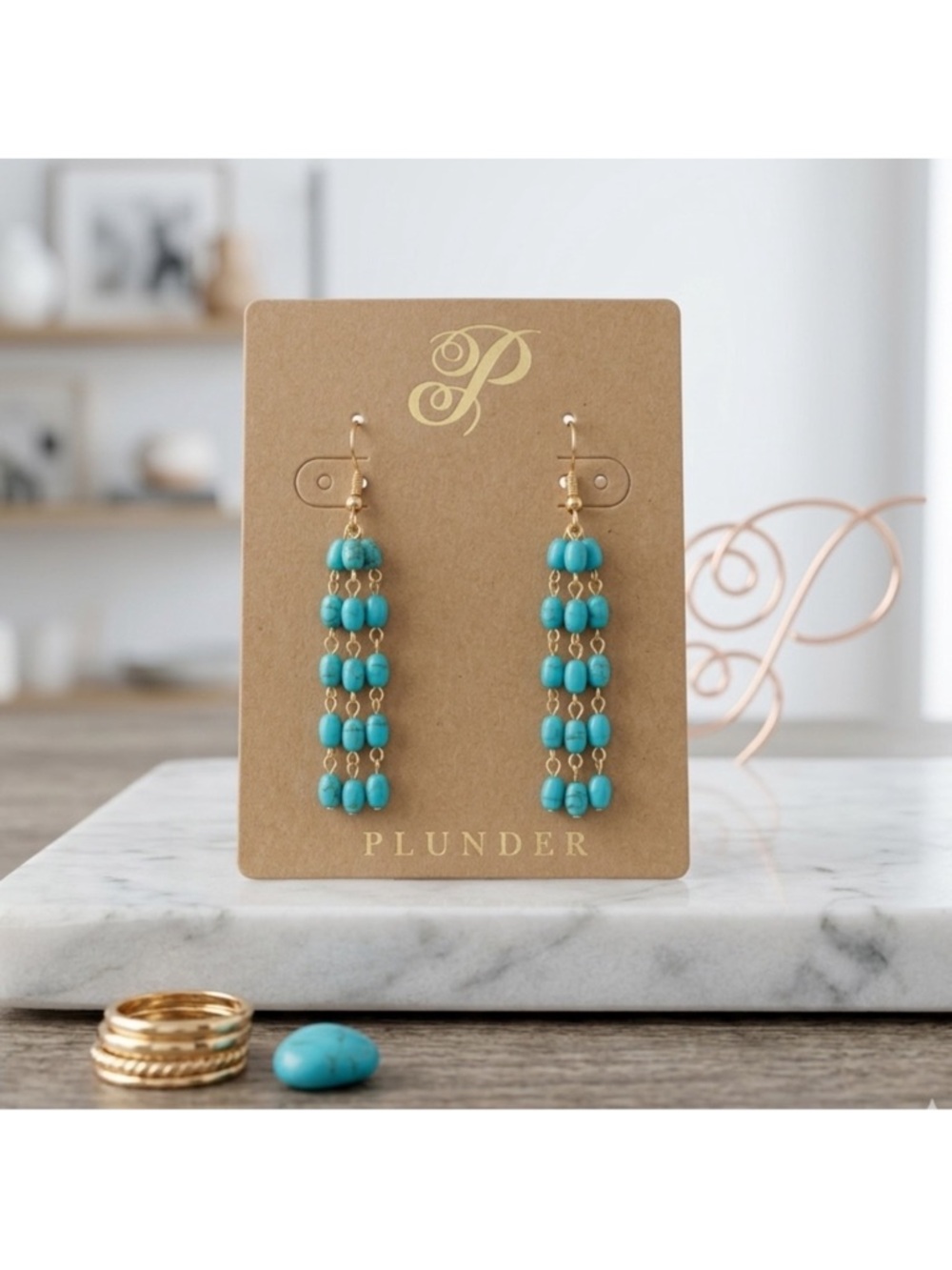 NWT ♥️ Turquoise Beaded Cascade Dangle Earrings - Gold-toned